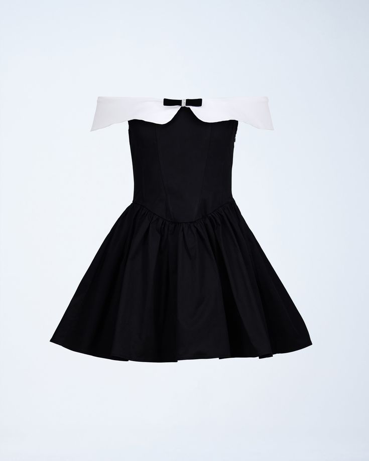 Bring some extra class into your life with this black off-shoulder mini dress 🖤 Crafted from cotton gabardine fabric, it features a structured A-line skirt adorned with a velvet and rhinestone bow for a striking look that will leave everyone bowing down to you 😌 Elegant Mini Dress With Bow For Black-tie Events, Classic Mini Dress For Party, Off-shoulder Cotton Mini Dress For Party, Elegant Cotton Mini Dress For Formal Occasions, Elegant Formal Cotton Mini Dress, Black Mini Dress For Black-tie Events, Chic Formal Cotton Mini Dress, Classic Evening Cotton Dresses, Chic Off Shoulder Mini Dress For Formal Occasions