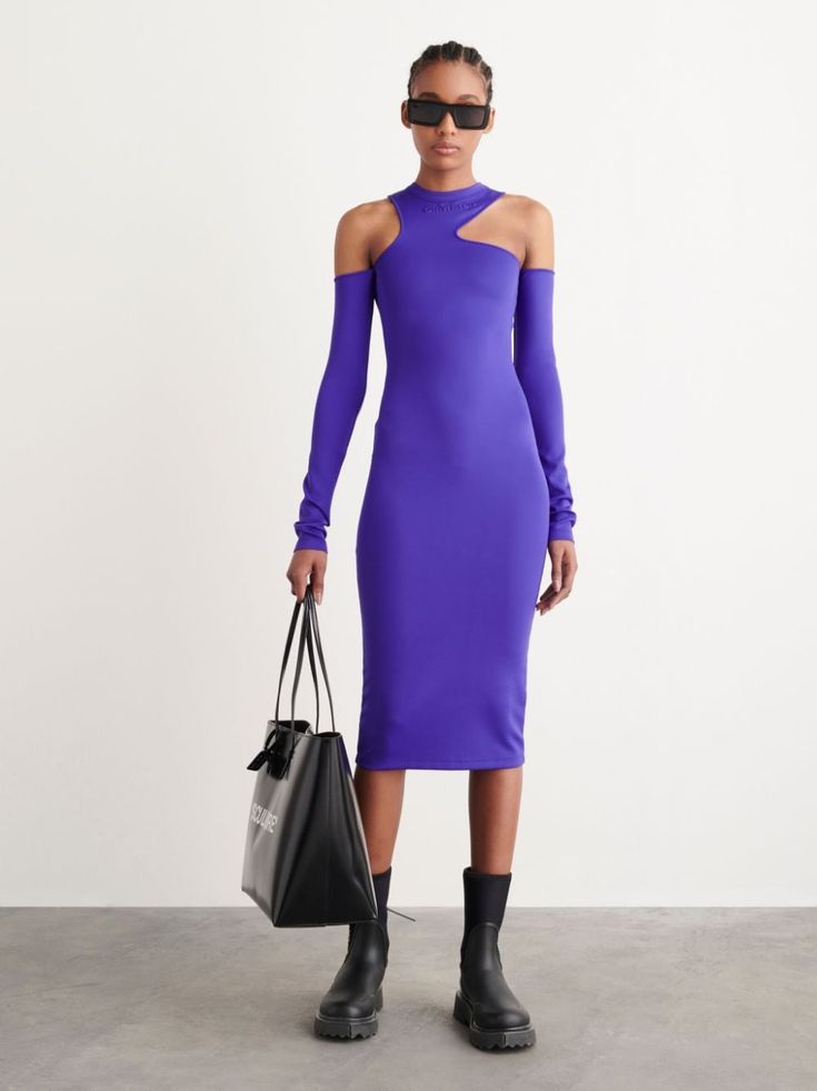 Modern Fitted Asymmetrical Midi Dress, Modern Long Sleeve Midi Party Dress, Trendy Evening Dress With Asymmetrical Neckline, Trendy Evening Dresses With Asymmetrical Neckline, Trendy Evening Midi Dress For Fall, Elegant Stretch Purple Midi Dress, Bodycon Midi Dress With Side Slits And Long Sleeves, Elegant Purple Stretch Midi Dress, Long Sleeve Bodycon Midi Dress With Side Slits