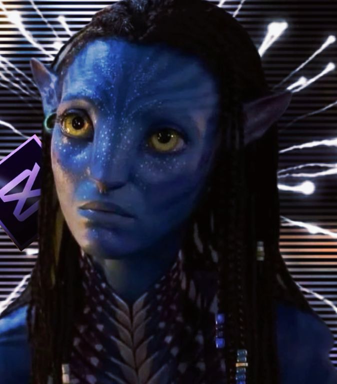 a woman with blue skin and braids is looking at the camera while she has yellow eyes