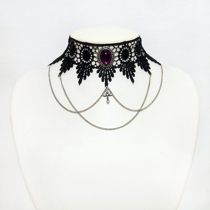 Choker necklace - venise lace choker with chains, cross and ornate purple pendant - LUCRETIA in purple. $39.50, DarkEleganceDesigns via Etsy. Vintage Purple Choker Necklace, Gothic Clavicle Chain Necklace For Halloween, Gothic Halloween Clavicle Chain Necklace, Black Bohemian Choker With Clavicle Chain, Bohemian Black Choker With Clavicle Chain, Gothic Choker Jewelry For Party, Gothic Choker For Parties, Adjustable Gothic Jewelry For Party, Steampunk Black Necklace For Halloween