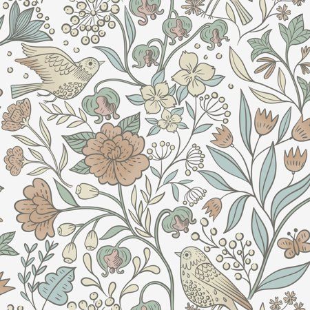 a floral wallpaper with birds and flowers in the middle, on a white background