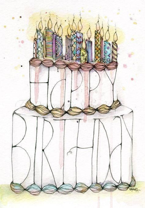 a drawing of a birthday cake with lit candles