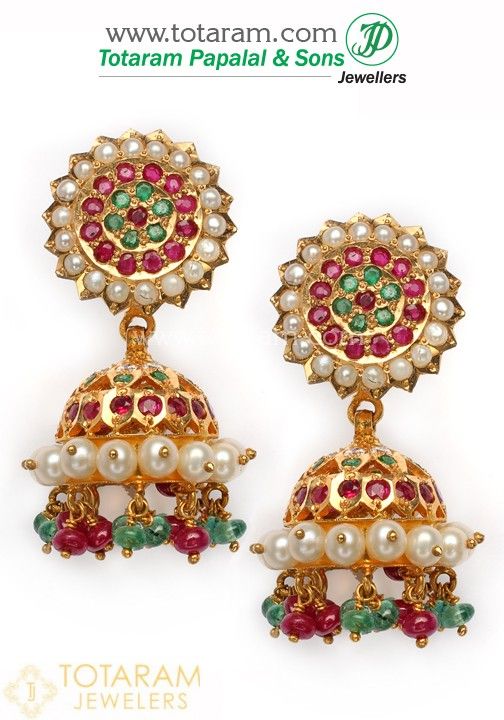 22 Karat Gold Jhumka with Rubies , Emeralds & Pearls. Gross Gold Weight: 18.000 - 18.500 grams Ruby & Emerald Weight: 3.00 Carats Screw Type : Madras Screw Length of Earrings : 1.50 inches Width of Top : 0.65 inches Wid Luxury Yellow Gold Round Chandbalis, Luxury 22k Gold Jhumkas For Ceremonial Occasion, Luxury Round Chandbalis With Intricate Design, Luxury Traditional Round Chandbalis, Luxury 22k Gold Jhumkas With Tilla, Luxury Gold Plated Chandbalis For Women, Luxury 22k Gold Jhumkas, Luxury 22k Gold Ceremonial Jhumkas, Luxury Gold Chandbalis For Reception