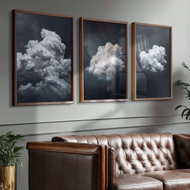 three framed pictures hang on the wall above a leather couch in a living room with a potted plant