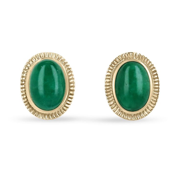 Featured here is a beautiful very rare set of JUMBO large Colombian oval cut cabochon emerald studs dexterously handcrafted in solid fine 14K yellow gold. Displayed are rich deep dark forest green emeralds with very good transparency, accented by a simple bezel set victorian gold mount, allowing for the emerald to be shown in full view. The ethically earth-mined, dark green cabochon Colombian emeralds have a desirable lush green color, a large statement size with excellent qualities. These earrings are ideal for everyday use and are the perfect accessory for any outfit.  Setting Style: Bezel Setting Material: 14K Yellow Gold  Weight: 10.2 Grams Main Stone: Emerald Cabochon Shape: Oval Cut Approx Weight: 19.04-carats (Total) Clarity: Very Good Color: Dark Rich Green Luster: Very Good Treatm Classic Yellow Gold Gemstone Cabochons, Yellow Gold Gemstone Cabochons In Classic Style, Yellow Gold Oval Cabochon Gemstones, Luxury Oval Cabochon Gemstone Earrings, Classic Oval Gemstone Cabochons, Classic Yellow Gold Polished Cabochons, Classic Oval Cabochons For Anniversary, Oval Yellow Gold Cabochons For Formal Events, Formal Emerald Jewelry With Oval Cabochon