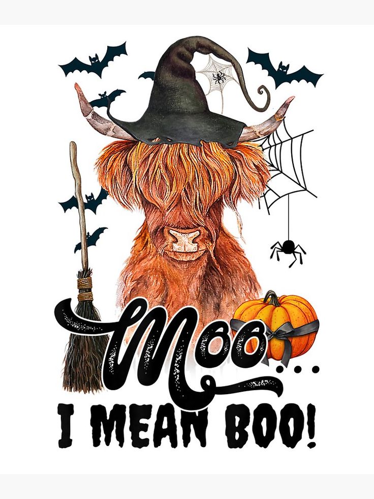 an animal wearing a witches hat and holding a broom with the words moo i mean boo