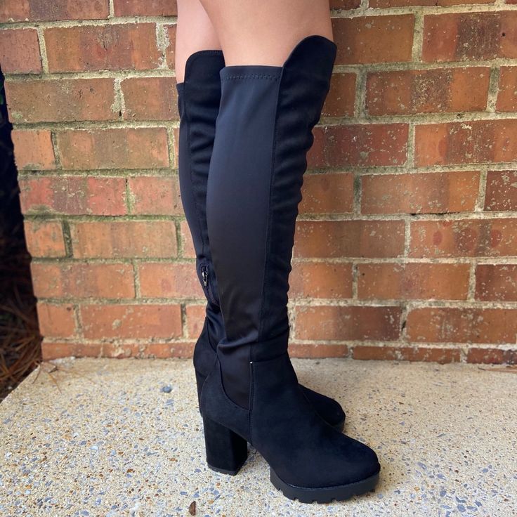 These Gorgeous Black Faux Suede Tall Boots Are On Trend This Season! They Feature A Chunky 3.5” Heel At Back, 1” Platform, Stretchy Back Material (Allows For Larger Calves), Zipper On Side. These Boots Are Easy To Walk In And Comfortable. Black Synthetic Knee-high High Heel Boots, Black Synthetic High Heel Knee-high Boots, Synthetic Knee-high Boots For Night Out, Polyurethane Knee-high Boots With Round Toe For Night Out, Polyurethane Knee-high Boots For Night Out, Winter Block Heel Knee-high Synthetic Boots, Winter Block Heel Knee-high Boots, Winter Synthetic Block Heel Knee-high Boots, Winter Knee-high Boots With Block Heel