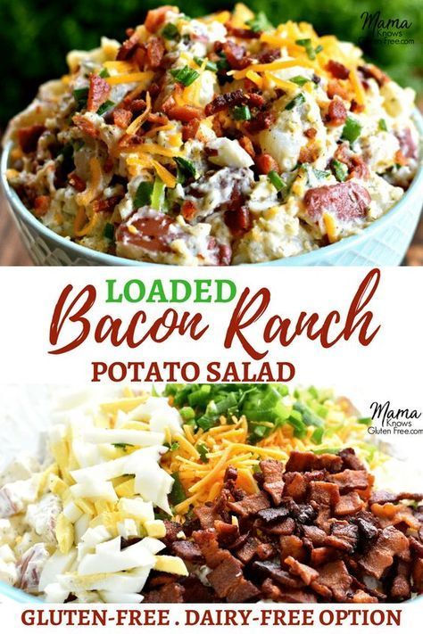 loaded bacon ranch potato salad in a bowl with text overlay that reads loaded bacon potato salad