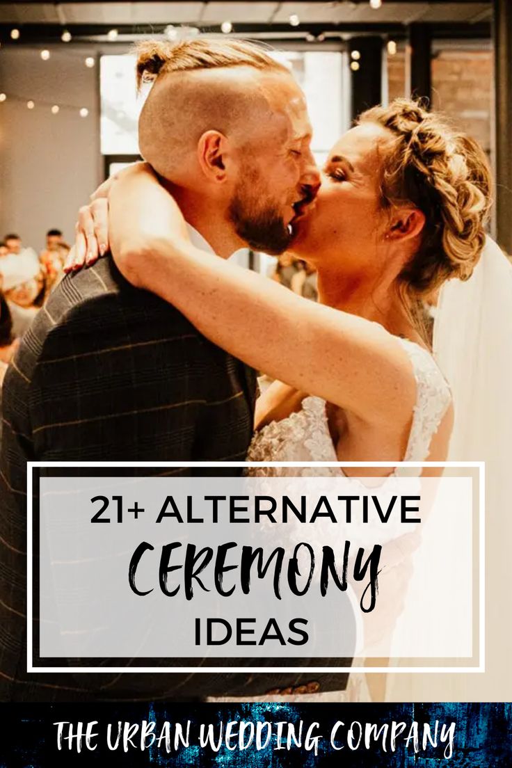 a bride and groom kissing in front of an audience with the words, 21 alternative ceremony ideas