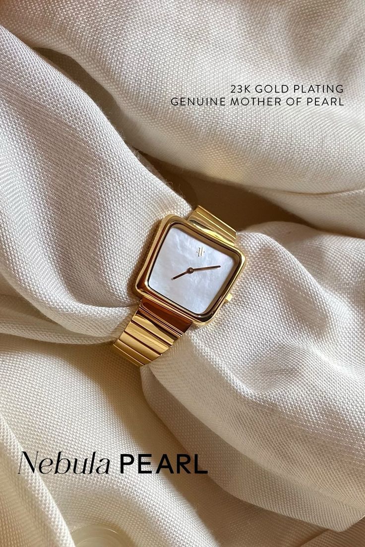 The Nebula Pearl embodies a classic aesthetic and modernism. Easily elevate your date-night look or transform your loungewear to casual chic. The genuine white Mother of Pearl dial pairs beautifully with the 23-karatt gold mesh bracelet, the perfect gift for yourself or a loved one. Mother Of Pearl Watch, Timeless White Bracelets With Polished Finish, Timeless White Bracelet With Polished Finish, White Timeless Bracelets With Polished Finish, Gold Minimalist Watch With Bracelet Strap, Timeless White Bracelet For Everyday Luxury, Elegant White Jewelry With Rectangular Dial, Gold Minimalist Watch With Polished Finish, Minimalist Gold Watch With Bracelet Strap