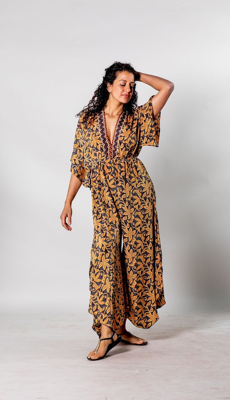 Long boho overall for woman | Deep v neck | Open back overall | Wide legs jumpsuit | Bohemian clothing | Wide legs pants | Hippie, Festival One size - will fit sizes XS-XL. Bohemian Printed V-neck Jumpsuits And Rompers, Hippie Style Jumpsuits And Rompers For Vacation, Flowy V-neck Jumpsuits And Rompers For Vacation, Flowy V-neck Jumpsuits And Rompers For Beach, Flowy V-neck Jumpsuit For Vacation, Flowy V-neck Jumpsuit For The Beach, Bohemian Overall Jumpsuits And Rompers For Festival, Bohemian Overalls Jumpsuits For Festival, Bohemian Printed Jumpsuits And Rompers With V-neck