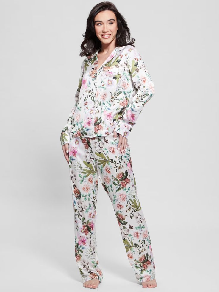 Eco Alessandra Pajama Set | GUESS Casual Sets With Pockets For Sleepover, Casual Sleepwear With Pockets For Sleepovers, Casual Floral Print Sets For Sleepover, Casual Floral Print Sleepover Sets, Casual Bedtime Sets With Pockets, White Sleepwear Sets With Pockets, White Sleep Sets With Pockets, Long Sleeve Sleepwear With Pockets For Lounging, Comfortable Long Sleeve Sleepwear With Pockets