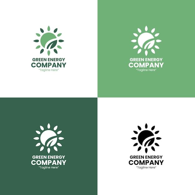 four logos for green energy company, with the sun and leaves on them in different colors