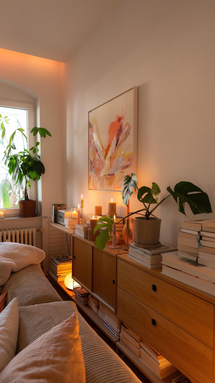 a living room filled with lots of furniture and plants on top of the dressers