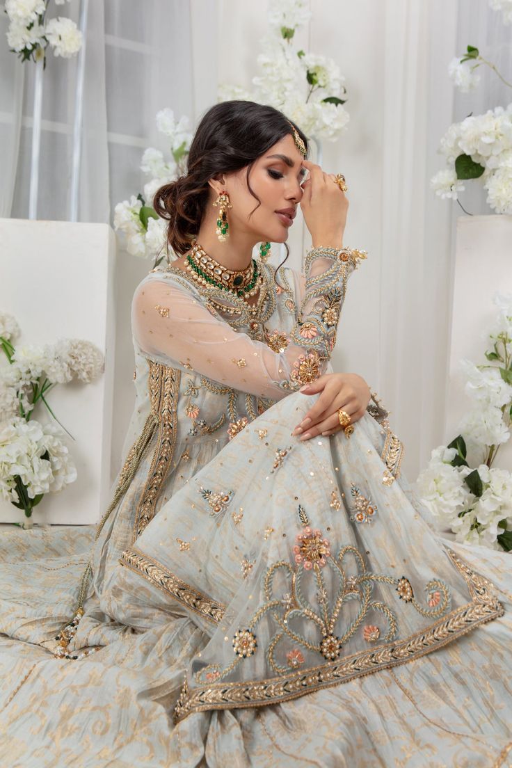 Minha | Pakistani Designer Outfit | Sarosh Salman Embellished Party Wear Gown For Eid, Embellished Party Gown For Eid, Organza Sharara With Dabka For Reception, Party Wear Resham Embroidery Kurta For Reception, Party Wear Kurta With Resham Embroidery For Receptions, Maxi Length Salwar Kameez With Intricate Embroidery For Reception, Unstitched Embellished Gown For Eid, Chanderi Sharara With Intricate Embroidery In Maxi Length, Chanderi Sharara With Intricate Embroidery