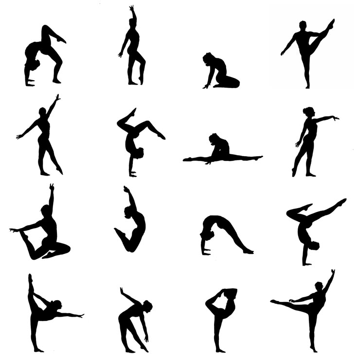 the silhouettes of people doing different yoga poses in various positions, including handstands and legs