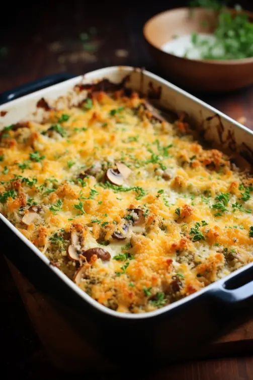 a casserole dish with mushrooms, cheese and parsley in it on a wooden table