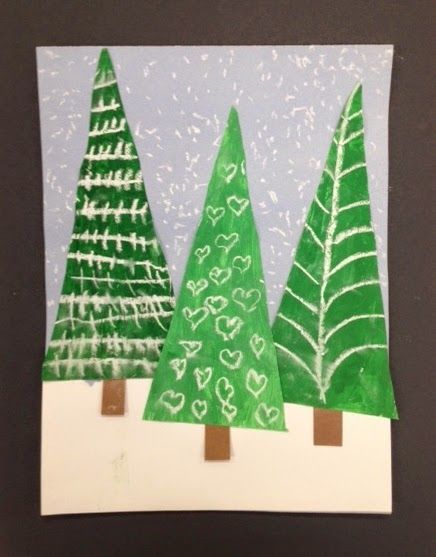 an art project made with paper and colored pencils, depicting trees in the snow