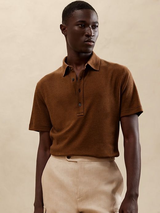 Saw this on Banana Republic: Fitted Polo Shirt With Buttons For Spring, Classic Brown Tops With Button Closure, Fitted Polo Shirt With Buttons, Fitted Polo Shirt With Collared Neckline, Classic Polo Sweater For Business Casual, Brown Collared Top With Placket, Fitted Collared Polo Shirt With Buttons, Fitted Polo Shirt With Striped Collar, Fitted Button-up Polo Shirt