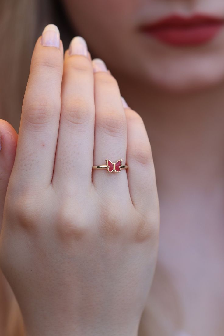 "14k 18k Gold Butterfly Ring / Handmade Butterfly Ring / Gold Butterfly Ring/ Minimal Butterfly Ring Available in Gold, Rose Gold, White Gold ❥ ITEM DETAILS ---> Gold Color of Choice : Yellow Gold, Rose Gold, White Gold ---> Material : 14k ( 585 ) or 18k ( 750 ) Real Gold. It is not Gold Filled or Gold Plated ---> Made to order ---> Band Thickness : 1.50 mm ---> Band Width : 1.80 mm --->The Top of Butterfly Made of Enamel ---> Butterfly Size : 6 x 8 mm ---> Ship in 4 - 7 Dainty 14k Rose Gold Solitaire Jewelry, Dainty 14k Pink Gold Jewelry, Dainty 14k Rose Gold Rings For Anniversary, Dainty 14k Rose Gold Rings, Delicate 14k Gold Pink Ring, 14k Rose Gold Stackable Jewelry For Gift, Dainty 14k Rose Gold Stackable Rings Gift, Stackable 14k Rose Gold Jewelry As A Gift, Stackable 14k Rose Gold Jewelry Gift