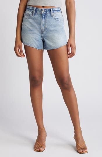 An A-line silhouette adds to the vintage vibe of nonstretch-denim shorts made with raw hems and hints of distressing. 3" inseam; 11" front rise Zip fly with button closure Five-pocket style 100% cotton Machine wash, tumble dry Imported Faded Cutoff Bottoms With Frayed Hem, Trendy Faded Jean Shorts With Frayed Hem, Faded Cutoff Jean Shorts For Summer, Faded Mid-rise Jean Shorts With Frayed Hem, Faded Denim Jean Shorts With Frayed Hem, Trendy Faded Mid-rise Jean Shorts, Faded Denim Shorts For Summer, Medium Wash Cutoff Jean Shorts For Spring, Spring Medium Wash Cutoff Jean Shorts