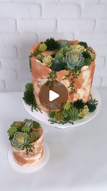 two cakes decorated with succulents and plants on top of each cake plate