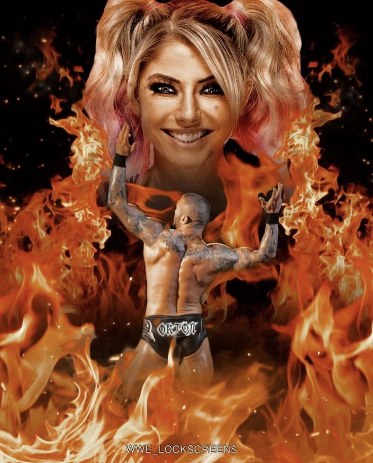 a woman with blonde hair and tattoos standing in front of a large fire filled background