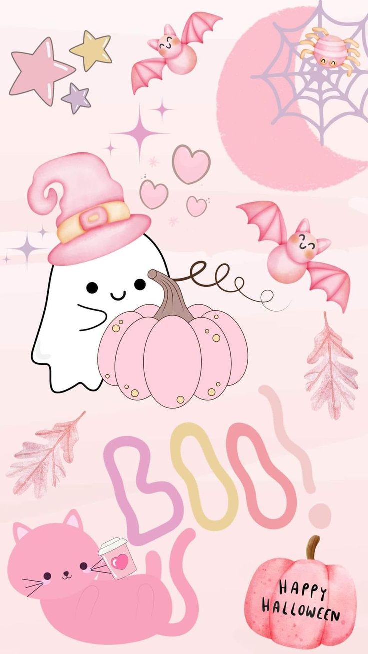 a pink halloween card with an image of a cat, pumpkin and other items on it