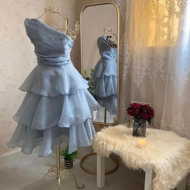 Blue Short Party Dress Outfits For Women Homecoming Dress Pretty Bridesmaid Dresses, Tiered Prom Dress, One Shoulder Prom Dress, Satin Homecoming Dress, Hoco Dress, Tulle Homecoming Dress, Pink Homecoming Dress, Marine Uniform, Short Party Dress