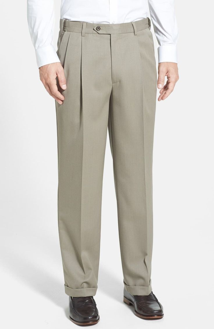 A classic pleated cut styles sharp cuffed trousers fashioned from finely textured wool gabardine and fitted with a self-sizer waistband to ensure a custom fit. 20" leg opening; 13" front rise; 17" back rise (size 32x32). Zip fly with hook-and-bar closure. Front slant pockets; back button-closure welt pockets. Partially lined. 100% wool. Dry clean. By Berle; imported. Gabardine Dress, Beige Pants Men, Cuffed Trousers, Slim Fit Dress Pants, Beige Pants, Corduroy Shorts, Slim Fit Chinos, Mens Dress Pants, Fleece Sweatpants