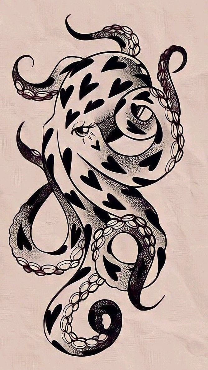 an octopus tattoo design is shown in black and white on a beige background with swirls