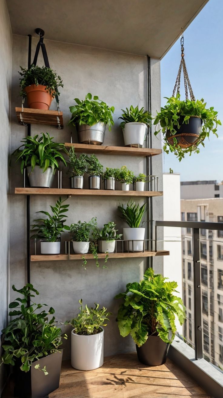 several potted plants are hanging on the wall in front of an open balcony window