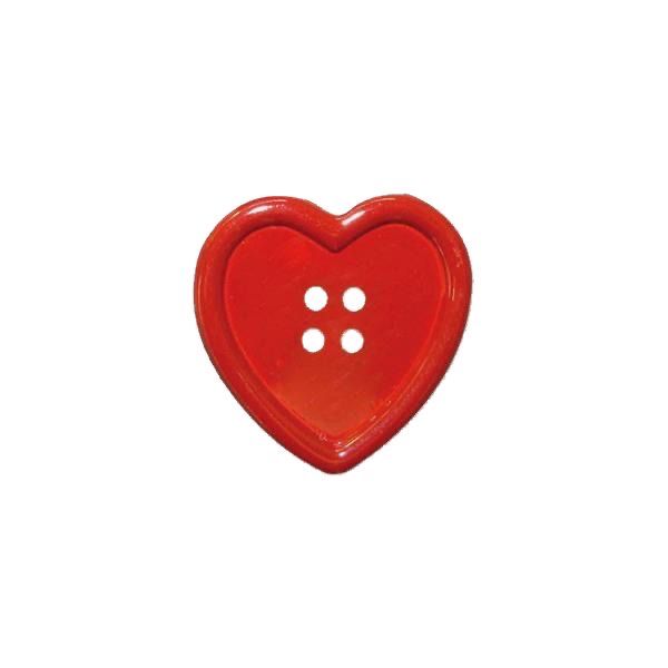 a red heart shaped button with three holes