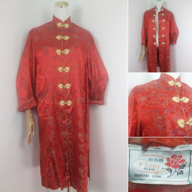 "1940s red satin lounge coat  Long coat perfect to wear over pants , dresses , skirt etc Cheongsam style with gold detail , classic pattern  Good vintage condition Measures bust Upto 40 \" shoulders 18\" length 40\" arm length 18\"" Red Long Festive Outerwear, Festive Red Long Outerwear, Festive Long Red Outerwear, Vintage Red Outerwear For Evening, Vintage Red Outerwear With Stand Collar, Langer Mantel, Red Satin, Classic Pattern, Cheongsam