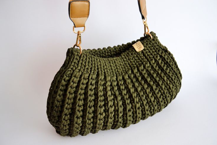 Crocheted HANDBAG* with fabric strap (adjustable). SIZE: 35x21 cm MATERIAL: 90% cotton, 10% polyester (fabric yarn - made from apparel/textile industry waste) COLOUR: Army green. *item in the picture is the one you are getting Green Crochet Bag, Crocheted Handbag, Green Crochet, Fabric Yarn, Textile Industry, Green Item, Crochet Handbags, Estilo Boho, Slovenia