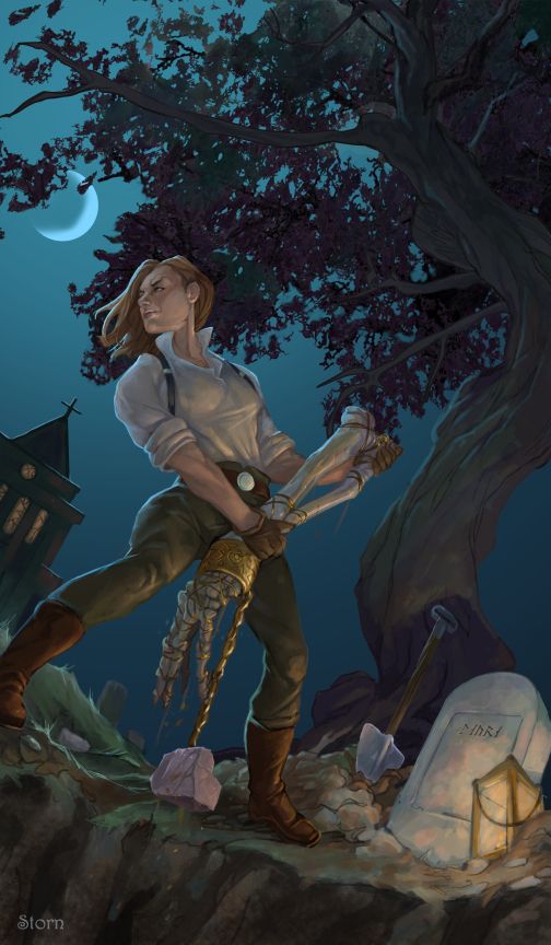 a painting of a woman holding a chainsaw in front of a tree at night