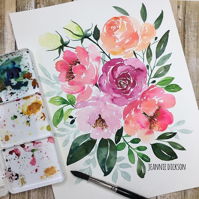 the watercolor flowers are being used to paint this card with acrylic paints