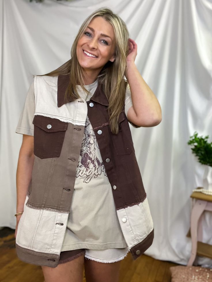 Sleeveless Brown Patch Denim Button Down Vest. *Matching Shorts Patch Denim, Brown Denim, Denim Patches, Denim Button Down, Down Vest, Boutique, Fashion Tips, Color