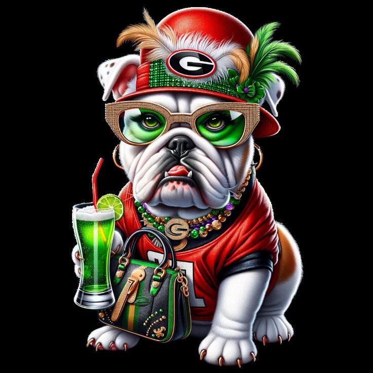 a dog with glasses and a hat holding a green drink