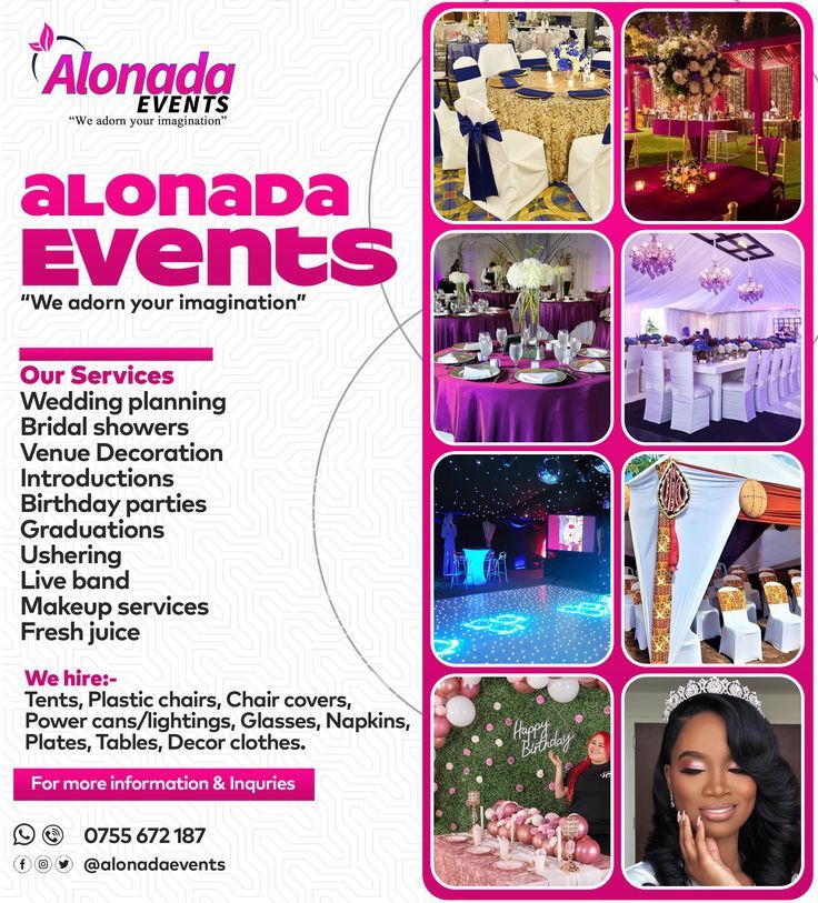 the front cover of an event brochure with images of wedding decorations and decor