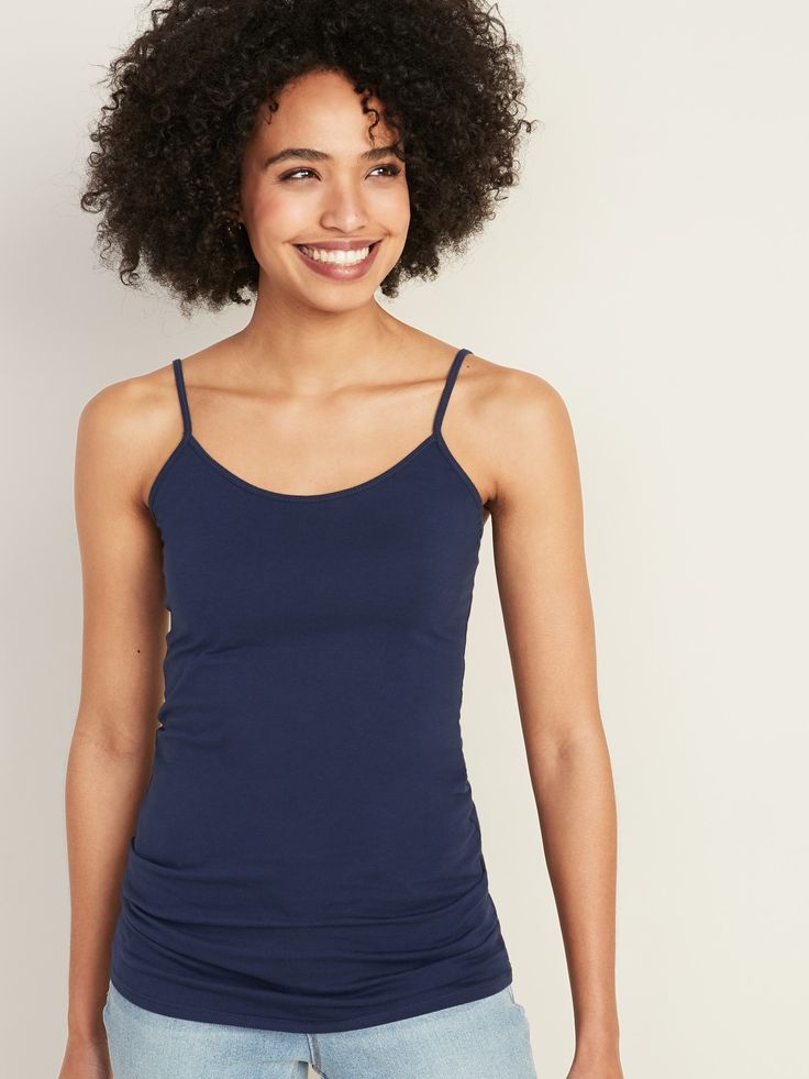 Our First-Layer camis are fitted, flattering, soft.  Great outfits start here.  Adjustable spaghetti straps.  Scoop neck.  Soft-washed, lightweight cotton jersey, with comfortable stretch.  Longer tunic length.  Tag-free label inside back for added c Layered Cami, Lost At Sea, Layered Tunic, Free Label, Tunic Tank Tops, Long Tunic, Cotton Tank Top, Old Navy Women, Tunic Length