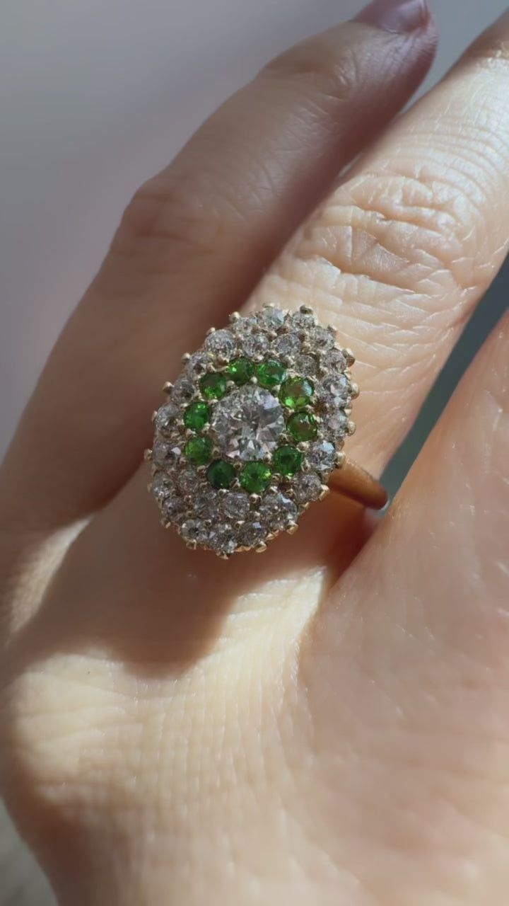 Antique Diamond and Demantoid Garnet Cluster Ring – Andria Barboné Jewelry The Edwardian Era, Australian Sapphire, Demantoid Garnet, Edwardian Era, European Cut Diamonds, Antique Diamond, Vintage Diamond, Cluster Ring, Garnet