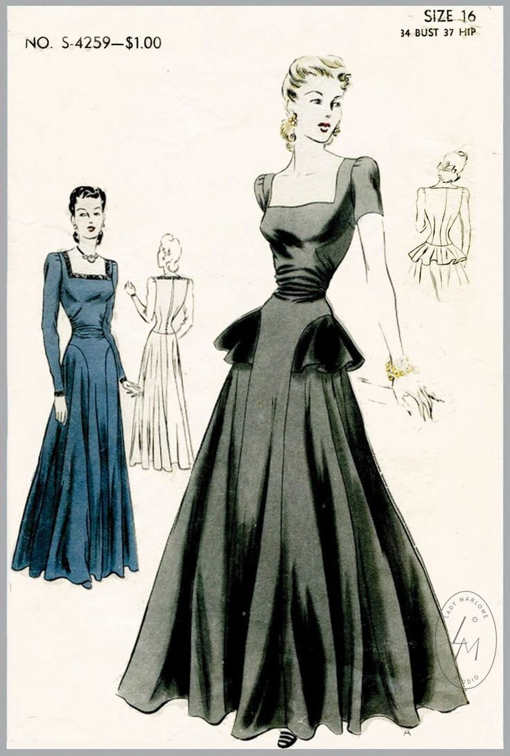 Wedding Dress 40s, 1940s Evening Dresses, Abaya Mode, Vintage Sketches, Evening Gown Pattern, Construction Images, Vintage Evening Gowns, Vogue Vintage, Fashion 1940s