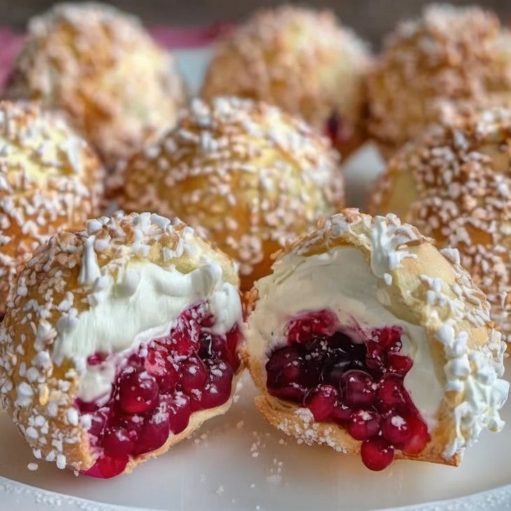 cranberry filled pastries on a plate with powdered sugar and sprinkles