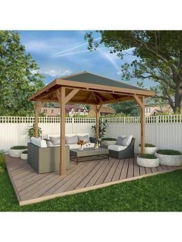 a gazebo sitting on top of a wooden deck