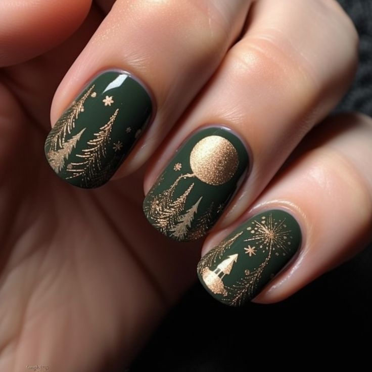 Christmas Witch Nails, Tree Nails Art, Winter Forest Nails, Boho Winter Nails, Winter Tree Nails, Pagan Yule Nails, Nails With Trees, Green Winter Nail Designs, Yule Nail Art