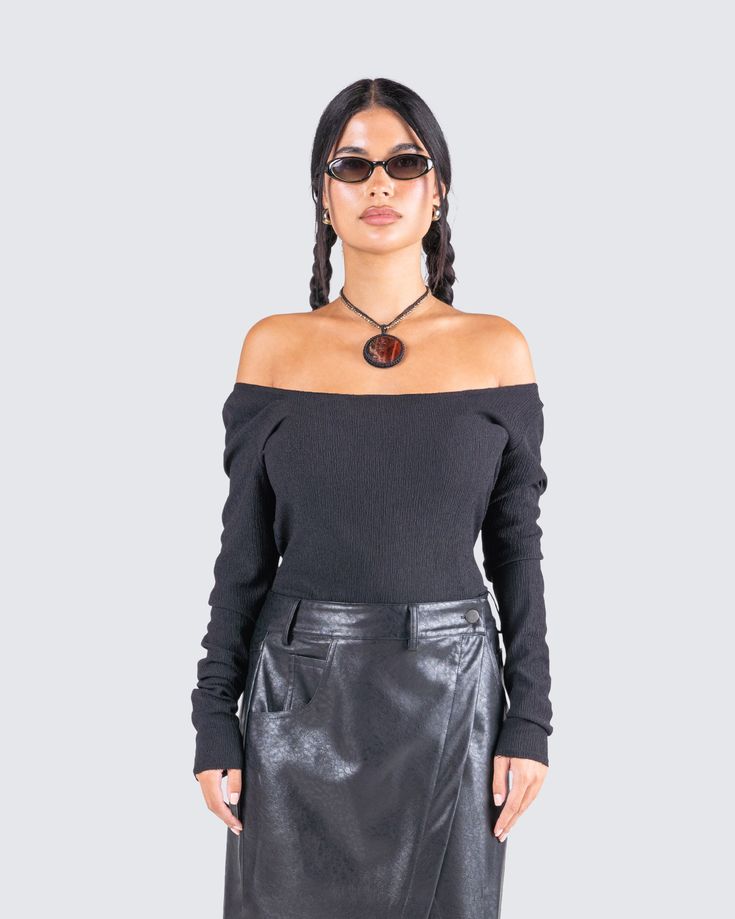 A sleek, clean look is always a serve ✨ Make yourself known in the most effortless way with this black top constructed from soft stretch textured jersey, complete with extra long sleeves and an off-shoulder style. Only the baddest can stand out without even trying 🖤 Note: The raw edges are intentional elements of the design Black Off-shoulder Knit Top For Fall, Fitted Black Cold Shoulder Top, Off-shoulder Black Long Sleeve Top For Night Out, Black Off-shoulder Top For Fall Party, Chic Black Stretch Off-shoulder Top, Black Off-shoulder Long Sleeve Top For Fall, Black Fitted Off-shoulder Long Sleeve Top, Black Stretch One Shoulder Top With Long Sleeve, Versatile Black Off-shoulder Top