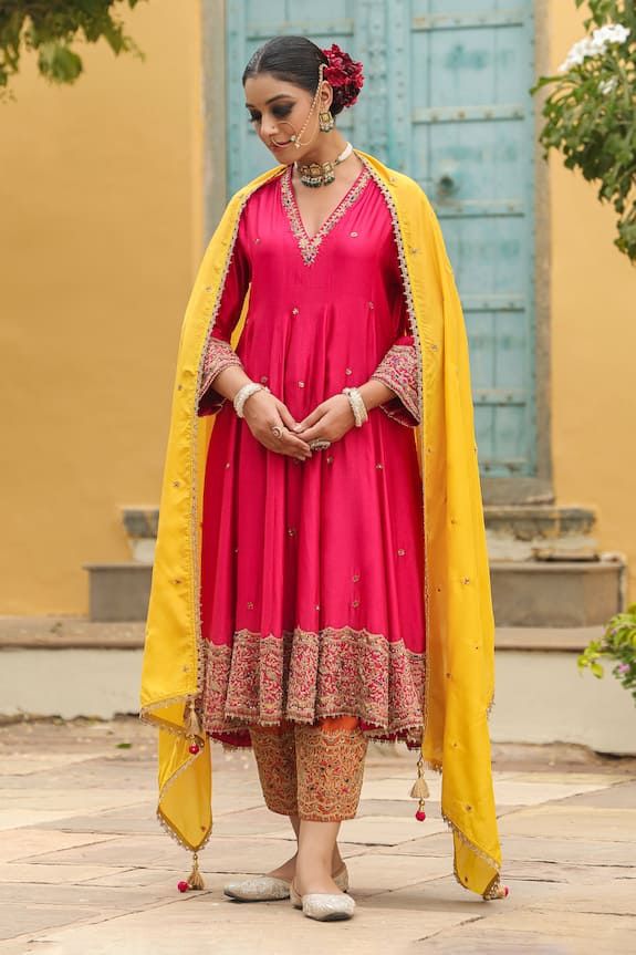 Pink pure banarasi spun silk kalidar anarkali with all over bird, floral pattern, contrast  zari, dori, resham and sequin intricate embroidery. Paired with orange silk chanderi salwar with embroidered border and contrast yellow soft silk dupatta with latkan tasselled edges. - Aza Fashions Pink Kurta, Embroidered Bird, Silk Dupatta, Kurta Designs, Embroidered Silk, Set For Women, Three Quarter Sleeves, Anarkali, Aza Fashion