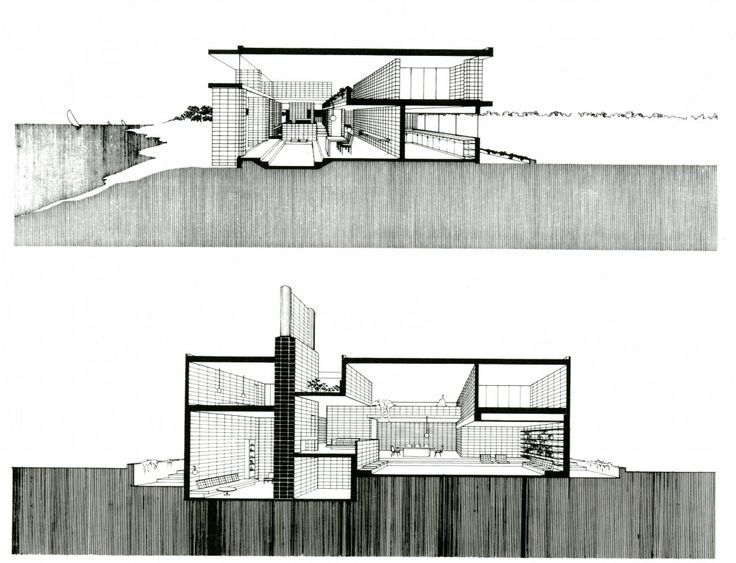 two black and white drawings of different rooms