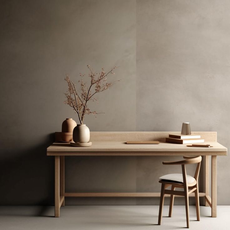 a wooden table with two vases on it and a chair next to the table